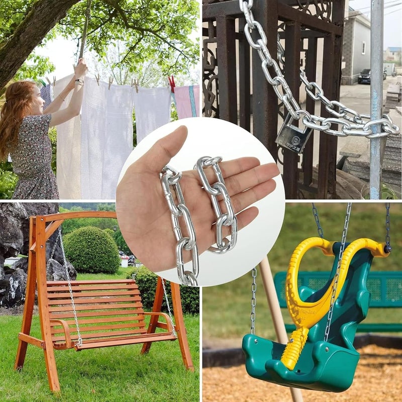 RHBLME 1/4" x 19.69 Ft Metal Chain, Galvanized Iron Coil Chain, Heavy Duty Chain Links Metal Decorative Chain, Camping Pet Dog Chain Hanging Chain for Swing Feeder Planters - Image 5